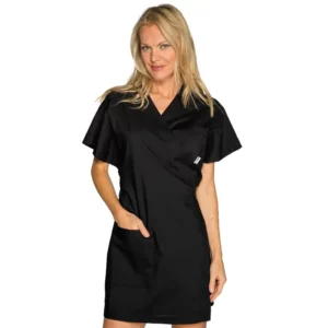 Kimono cruzado Isacco 006011, color Negro, vista frontal con modelo
