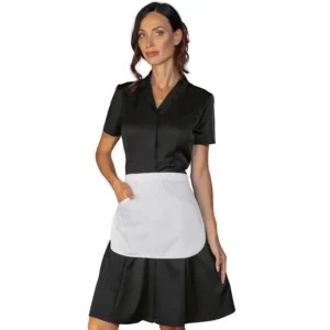 Vestido Isacco Mayflower Tecnostretch 007101G con delantal, color Negro, vista frontal con modelo