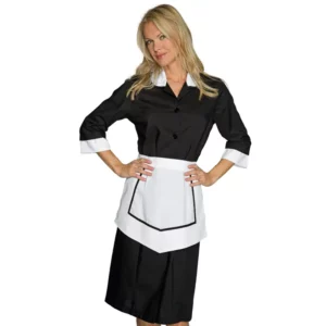 Uniforme Isacco Kinshasa 007301 con delantal, color Negro/Blanco, vista frontal con modelo