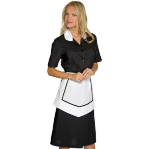 Uniforme Isacco Kinshasa 007301M con delantal, color Negro/Blanco, vista frontal con modelo