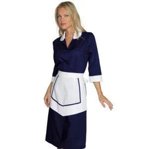 Uniforme Isacco Kinshasa 007302 con delantal, color Blu/Blanco, vista frontal con modelo