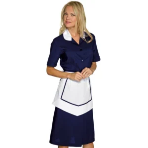 Uniforme Isacco Kinshasa 007302M con delantal, color Blu/Blanco, vista frontal con modelo
