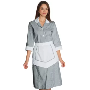 Uniforme Isacco Lipari 007361 con delantal, color Raya negro/Blanco, vista frontal con modelo