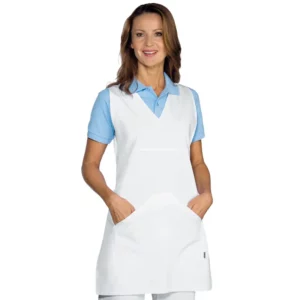 Delantal casulla Isacco Poncho A V 010100, color Blanco, vista frontal con modelo