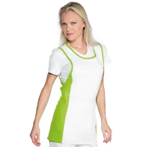 Casulla Isacco Papeete 013126, color Mela/Blanco, vista frontal con modelo