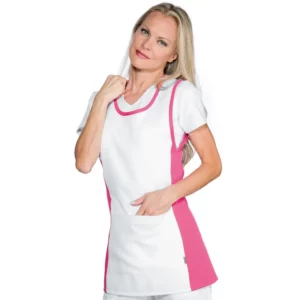 Casulla Isacco Papeete 013186, color Fucsia/Blanco, vista frontal con modelo