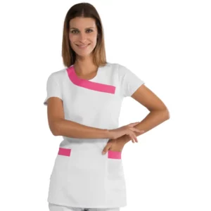 Casulla Isacco Malibú 013486, color Blanco/Fucsia, vista frontal con modelo