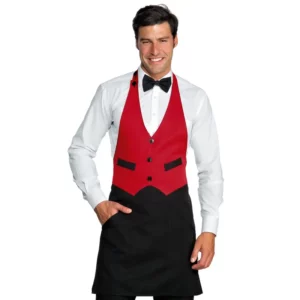 Delantal chaleco Isacco Garcon 037007, color Rojo/Negro, vista frontal con modelo