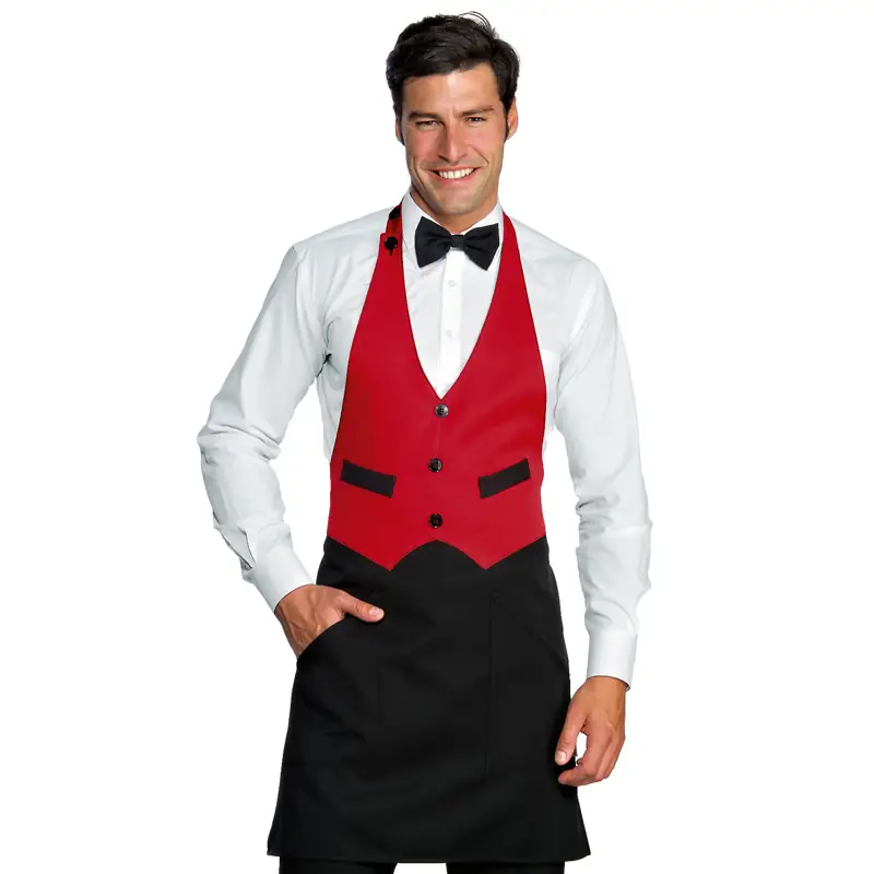 Delantal chaleco Isacco Garcon 037007 1 Delantal chaleco Isacco Garcon 037007, color Rojo/Negro, vista frontal con modelo