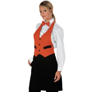 Delantal chaleco Isacco Garcon 037011, color Colorado/Negro, vista frontal con modelo