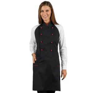 Delantal chaleco Isacco Assuan 037307, color Negro/Rojo, vista frontal con modelo