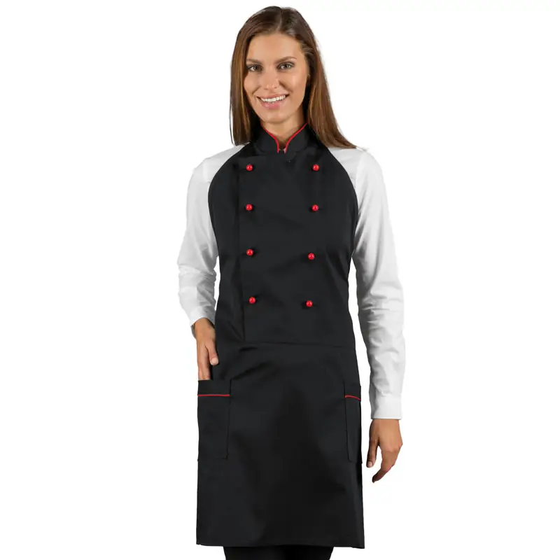 Delantal chaleco Isacco Assuan 037307 1 Delantal chaleco Isacco Assuan 037307, color Negro/Rojo, vista frontal con modelo
