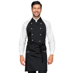 Delantal chaleco Isacco Assuan 037311, color Negro/Blanco, vista frontal con modelo