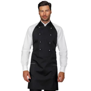 Delantal chaleco Isacco Assuan 037312, color Negro/Gris, vista frontal con modelo