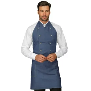 Delantal chaleco Isacco Assuan 037377, color Jeans, vista frontal con modelo