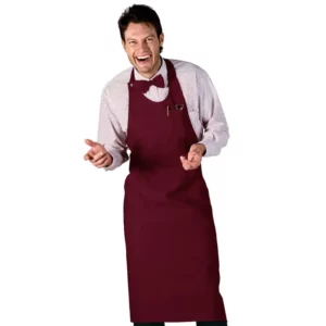 Delantal con peto Isacco Sommelier 049003, Burdeos, vista frontal con modelo