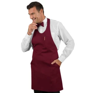 Delantal con peto Isacco Sommelier Short 049003S, Burdeos, vista frontal con modelo
