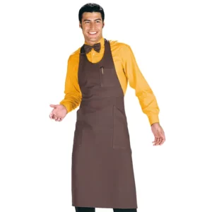 Delantal con peto Isacco Sommelier 049017, Cacao, vista frontal con modelo