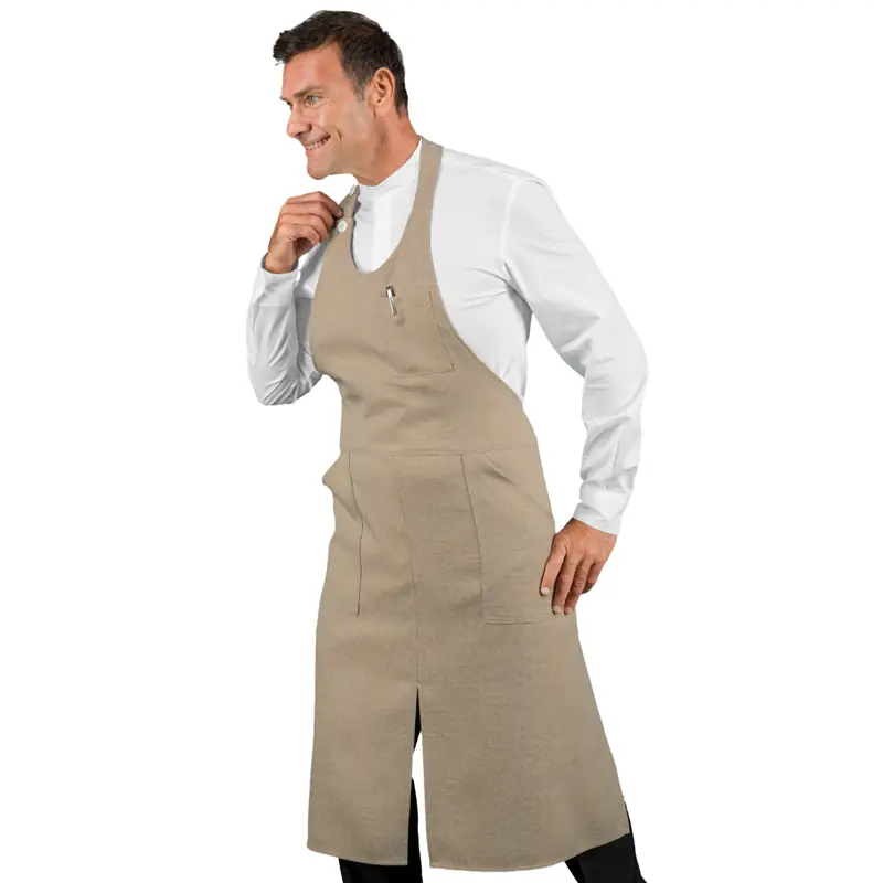 Delantal con peto Isacco Sommelier con abertura 049216 1 Delantal con peto Isacco Sommelier con abertura 049216, Natural, vista frontal con modelo