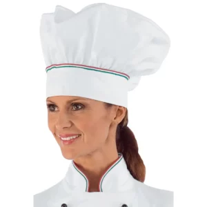 Gorro de chef Isacco 075010, color Blanco/Tricolor, vista con modelo