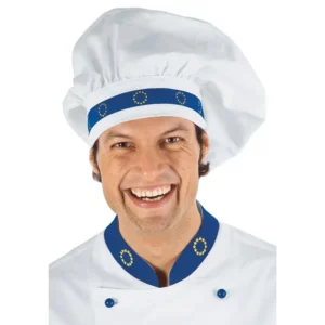 Gorro de chef Isacco 075099, color Blanco/Euro, vista con modelo