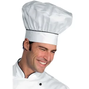Gorro de chef Isacco 075101, color Blanco/Negro, vista con modelo