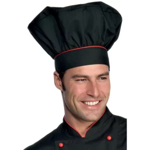 Gorro de chef Isacco 075207, color Negro/Rojo, vista con modelo