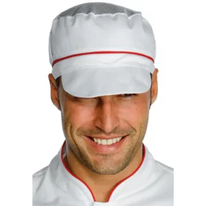Gorra Charly Isacco 077007, color Blanco/Rojo, vista con modelo