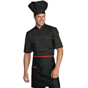 Delantal de cintura Isacco 086407, color Negro/Rojo, vista frontal con modelo