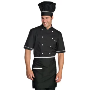 Delantal de cintura Isacco 086420, color Negro/Blanco, vista frontal con modelo