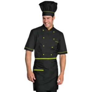 Delantal de cintura Isacco 086426, color Negro/Mela, vista frontal con modelo
