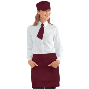Delantal de cintura Isacco Orleans 086603, color Burdeos, vista frontal con modelo