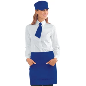 Delantal de cintura Isacco Orleans 086606, color Blu cina, vista frontal con modelo