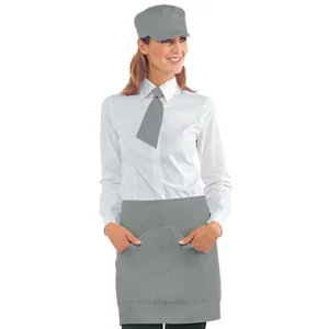 Delantal de cintura Isacco Orleans 086612, color Gris, vista frontal con modelo