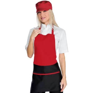 Delantal con peto Isacco Brooklyn 087607, Rojo/Negro, vista con modelo