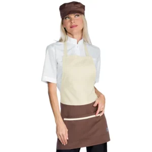 Delantal con peto Isacco Brooklyn 087617, Creme/Cacao, vista con modelo