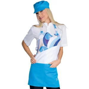 Delantal con peto Isacco Lollipop 087710, Malindi turquesa, vista con modelo