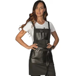Delantal con peto Isacco Bristol Short 088901S, Negro/Ecopiel negro, otra vista frontal con modelo