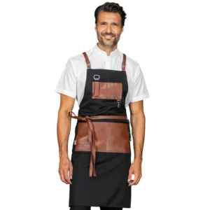 Delantal con peto Isacco Bristol 088911, Negro/Cuero, vista frontal con modelo