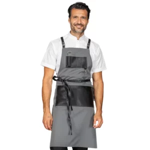 Delantal con peto Isacco Bristol 088912, Gris/Ecopiel negro, vista frontal con modelo