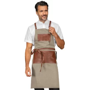 Delantal con peto Isacco Bristol 088916, Natural/Cuero, vista frontal con modelo