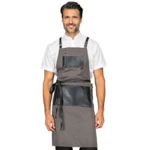 Delantal con peto Isacco Bristol 088921, Smoke/Ecopiel negro, vista frontal con modelo