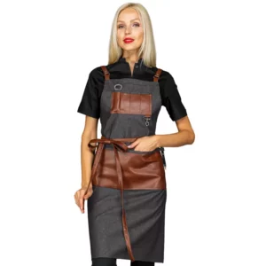Delantal con peto Isacco Bristol 088941, Black jeans/Cuero, vista frontal con modelo
