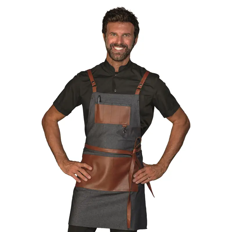 Delantal con peto Isacco Bristol Short 088941S 1 Delantal con peto Isacco Bristol Short 088941S, Black jeans/Cuero, vista frontal con modelo
