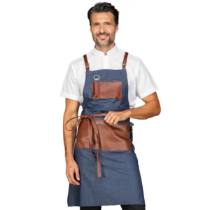 Delantal con peto Isacco Bristol 088977, Jeans/Cuero, vista frontal con modelo