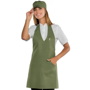 Delantal con peto Isacco Bistrò 090134, color Militare, vista frontal con modelo