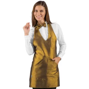 Delantal con peto Isacco Bistrò 090244, color Lurex gold, vista frontal con modelo