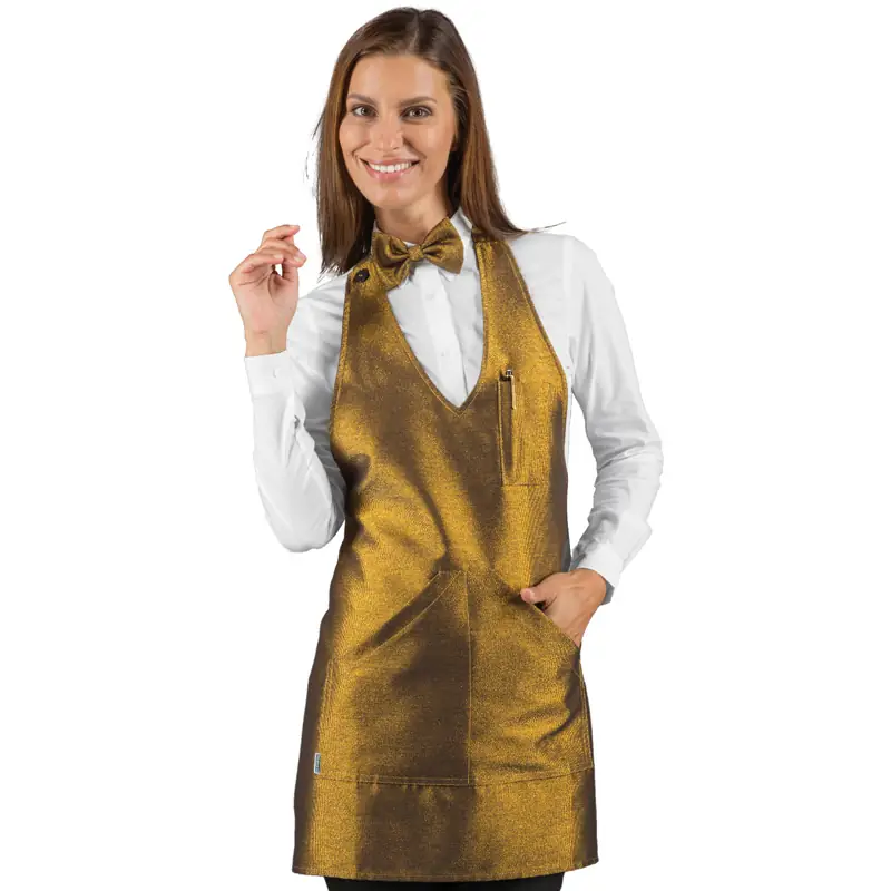 Delantal Isacco Bistrò 090244 1 Delantal con peto Isacco Bistrò 090244, color Lurex gold, vista frontal con modelo