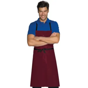 Delantal con peto Isacco Cerato 091003, Burdeos, vista con modelo