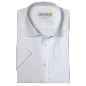 Camisa hombre J. HARVEST & FROST YB50 TWILL S/S SLIM 2905022, presentación plegada y detalle del cuello